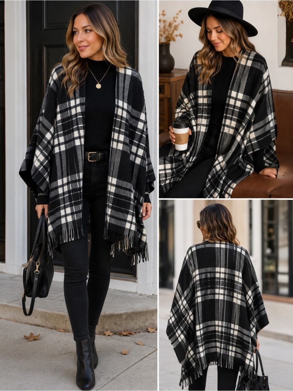 Martha Stewart Black White Plaid Ruana Poncho Fringe Open Front One Size